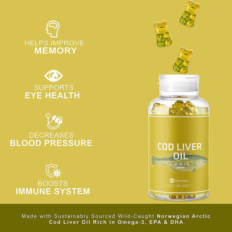 Aceite orgánico de hígado de bacalao goma de aceite de pescado gomas ricas en omega-3, Epa Dha, vitaminas