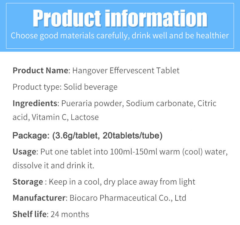 Propietario de marca privada Formula personalizada Suplementos de hierbas Protección del hígado Alivio de la resaca Tabletas efervescentes
