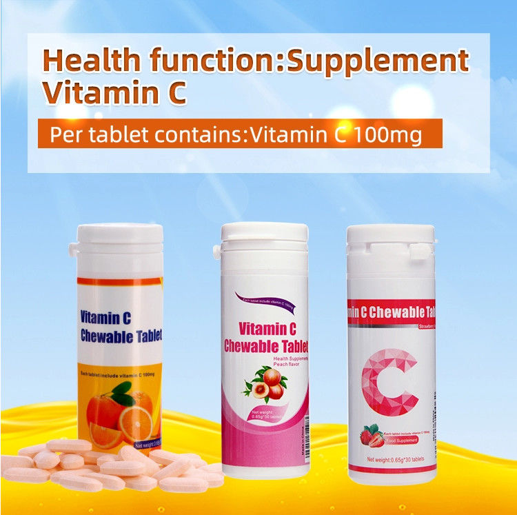 Oem Marca privada de blanqueamiento de la piel Suplementos de inmunidad de la vitamina C personalizada 100 mg 500 mg comprimidos masticables